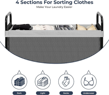 Laundry Hamper 3 Section, 120L Rolling Laundry Sorter Cart with Removable and Washable Liner Bag, Clothes Hamper with Wheels and Metal Handle for Laundry Room and Bedroom, Gray