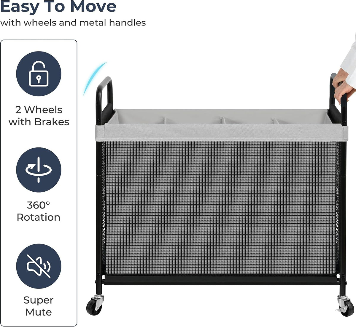 Laundry Hamper 3 Section, 120L Rolling Laundry Sorter Cart with Removable and Washable Liner Bag, Clothes Hamper with Wheels and Metal Handle for Laundry Room and Bedroom, Gray