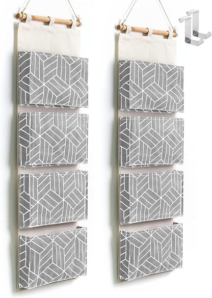 CROWNED 2Pcs Over Door Hanging Storage Bags Wall Mount Closet Organizer, 4 Big Pockets Linen Cotton Fabric Living Room Bedroom Bathroom File Magazine Waterproof Free Hooks White