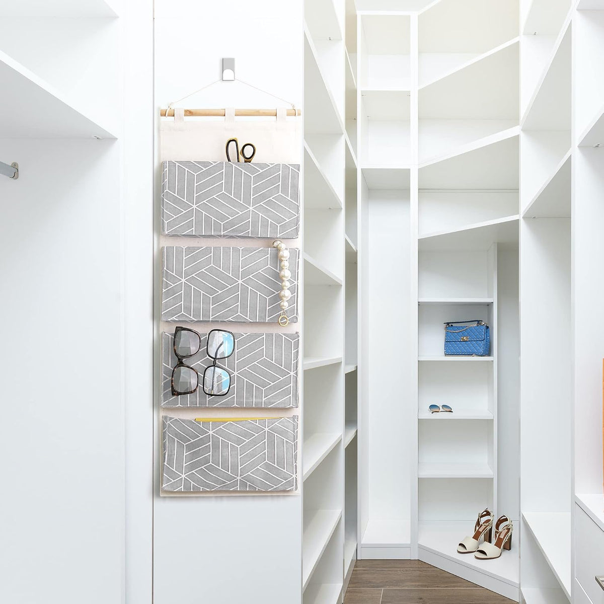 CROWNED 2Pcs Over Door Hanging Storage Bags Wall Mount Closet Organizer, 4 Big Pockets Linen Cotton Fabric Living Room Bedroom Bathroom File Magazine Waterproof Free Hooks White