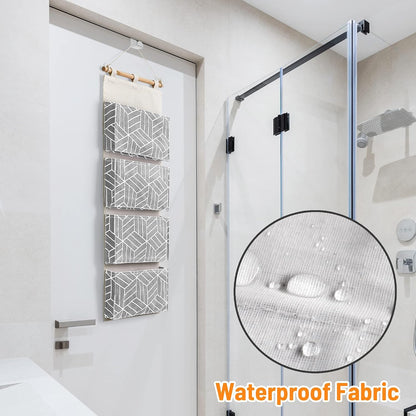 CROWNED 2Pcs Over Door Hanging Storage Bags Wall Mount Closet Organizer, 4 Big Pockets Linen Cotton Fabric Living Room Bedroom Bathroom File Magazine Waterproof Free Hooks White