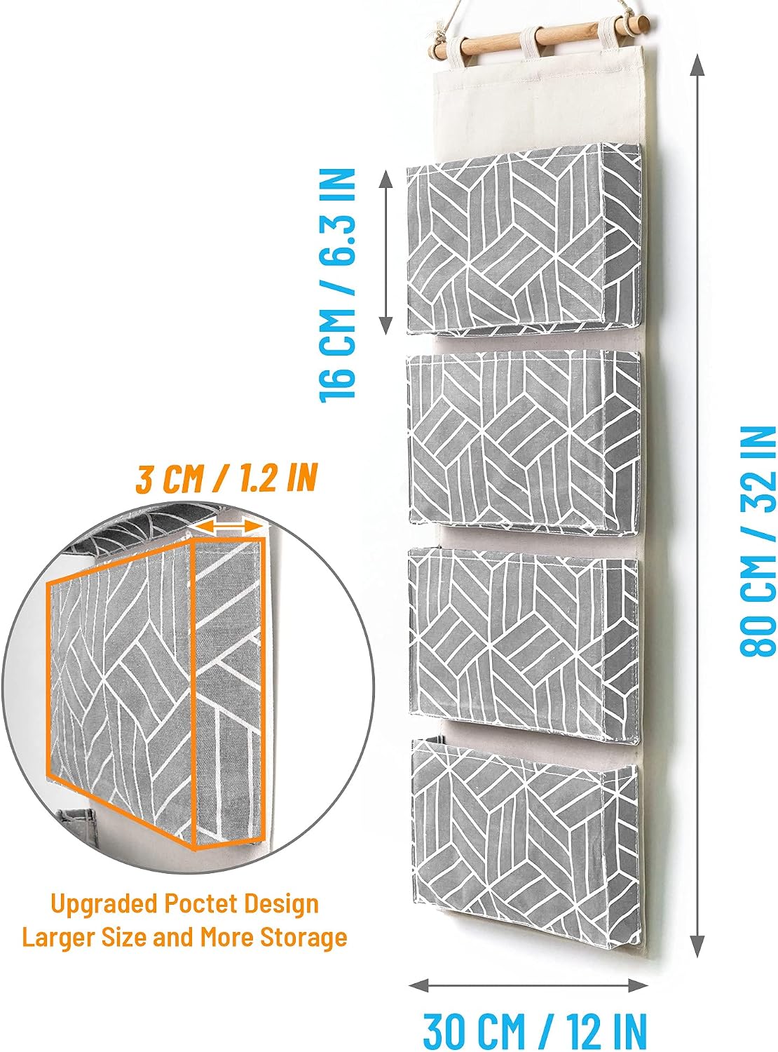 CROWNED 2Pcs Over Door Hanging Storage Bags Wall Mount Closet Organizer, 4 Big Pockets Linen Cotton Fabric Living Room Bedroom Bathroom File Magazine Waterproof Free Hooks White
