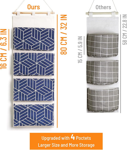 CROWNED 2Pcs Over Door Hanging Storage Bags Wall Mount Closet Organizer, 4 Big Pockets Linen Cotton Fabric Living Room Bedroom Bathroom File Magazine Waterproof Free Hooks White