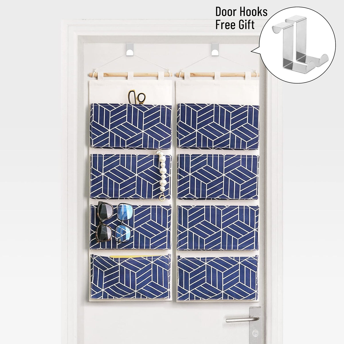 CROWNED 2Pcs Over Door Hanging Storage Bags Wall Mount Closet Organizer, 4 Big Pockets Linen Cotton Fabric Living Room Bedroom Bathroom File Magazine Waterproof Free Hooks White