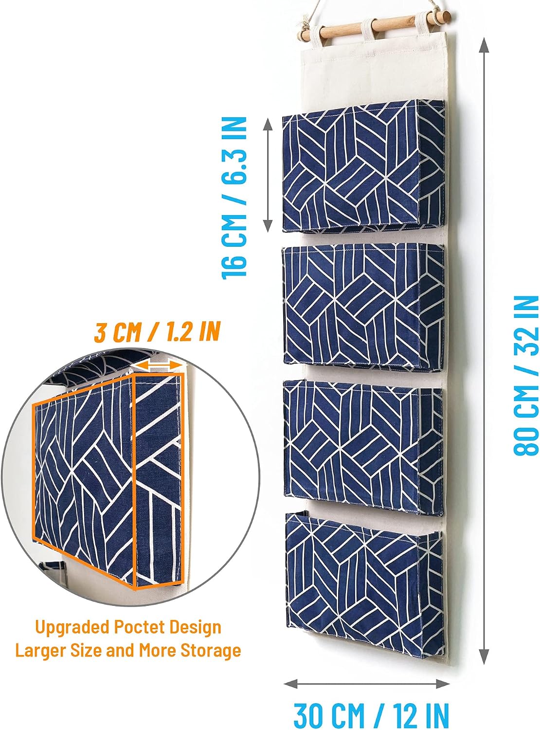 CROWNED 2Pcs Over Door Hanging Storage Bags Wall Mount Closet Organizer, 4 Big Pockets Linen Cotton Fabric Living Room Bedroom Bathroom File Magazine Waterproof Free Hooks White