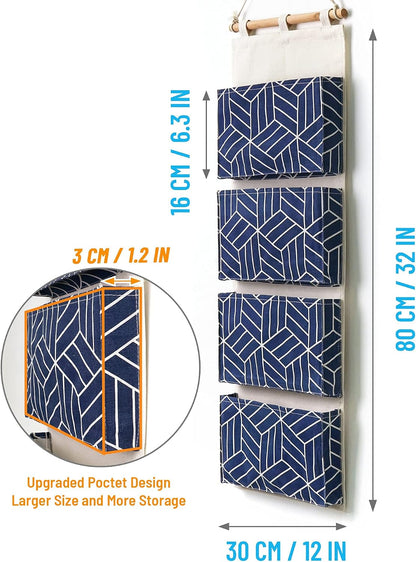 CROWNED 2Pcs Over Door Hanging Storage Bags Wall Mount Closet Organizer, 4 Big Pockets Linen Cotton Fabric Living Room Bedroom Bathroom File Magazine Waterproof Free Hooks White