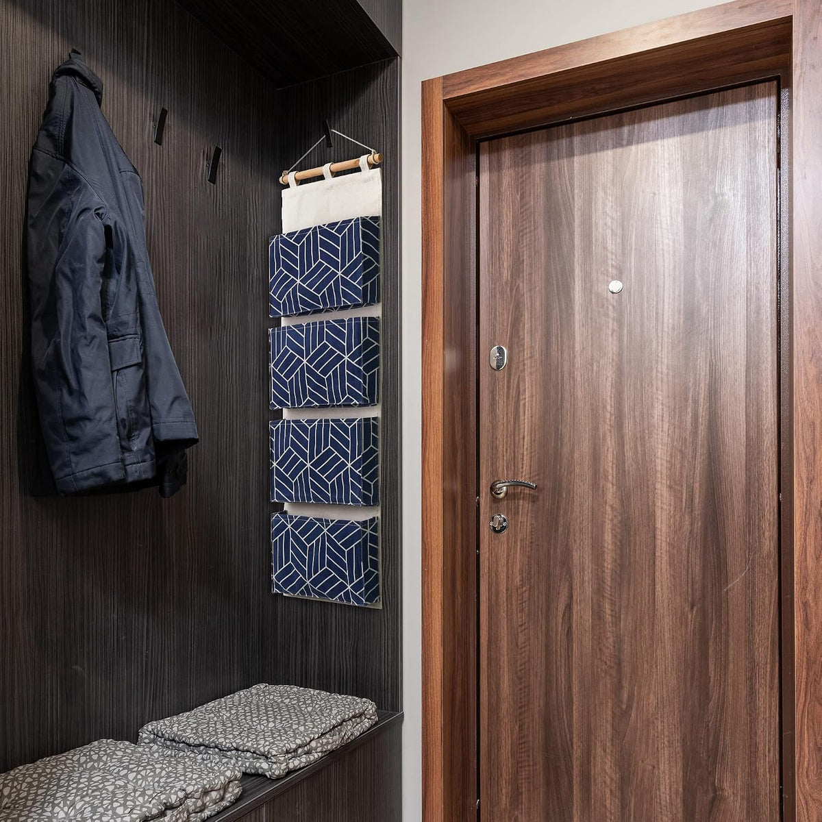 CROWNED 2Pcs Over Door Hanging Storage Bags Wall Mount Closet Organizer, 4 Big Pockets Linen Cotton Fabric Living Room Bedroom Bathroom File Magazine Waterproof Free Hooks White