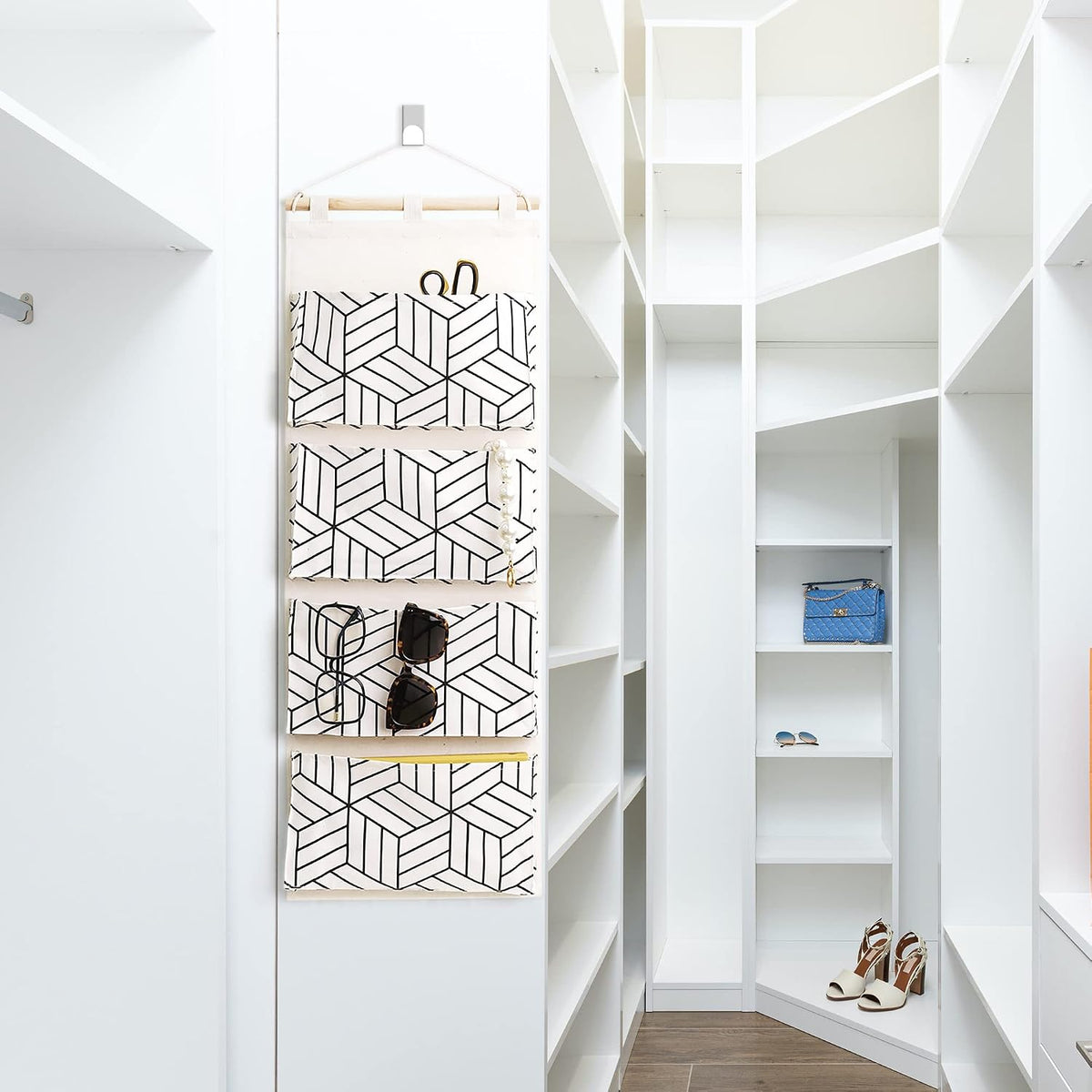 CROWNED 2Pcs Over Door Hanging Storage Bags Wall Mount Closet Organizer, 4 Big Pockets Linen Cotton Fabric Living Room Bedroom Bathroom File Magazine Waterproof Free Hooks White