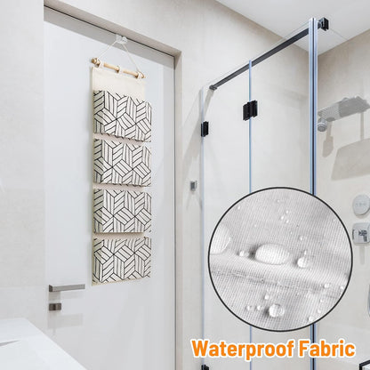 CROWNED 2Pcs Over Door Hanging Storage Bags Wall Mount Closet Organizer, 4 Big Pockets Linen Cotton Fabric Living Room Bedroom Bathroom File Magazine Waterproof Free Hooks White