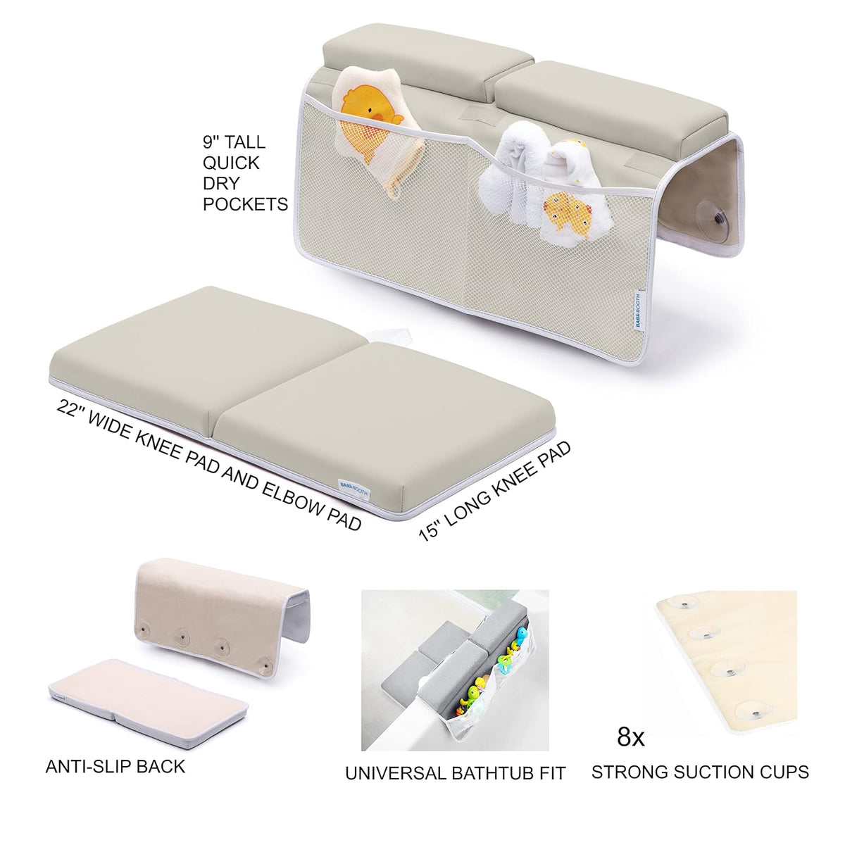 Bath Kneeler with Elbow Rest Pad Set, 1.75 inch Thick Kneeling Pad and Elbow Support for Knee Arm Support, Large Bathtub Kneeling Mat with Toy Organizer for Happy Baby Bathing Time, Beige