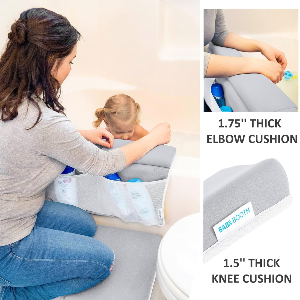 Bath Kneeler with Elbow Rest Pad Set, 1.75 inch Thick Kneeling Pad and Elbow Support for Knee Arm Support, Large Bathtub Kneeling Mat with Toy Organizer for Happy Baby Bathing Time, Beige