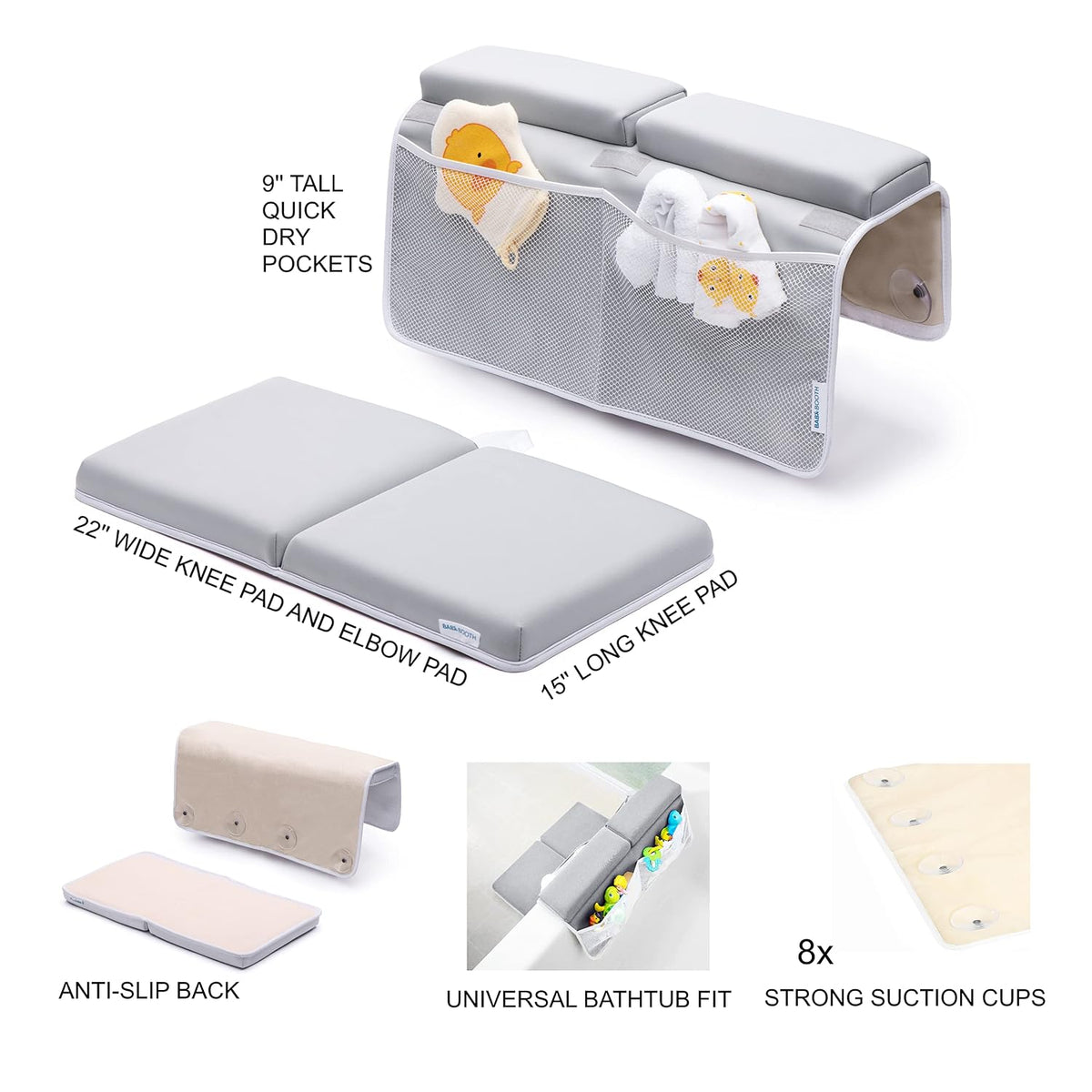 Bath Kneeler with Elbow Rest Pad Set, 1.75 inch Thick Kneeling Pad and Elbow Support for Knee Arm Support, Large Bathtub Kneeling Mat with Toy Organizer for Happy Baby Bathing Time, Beige