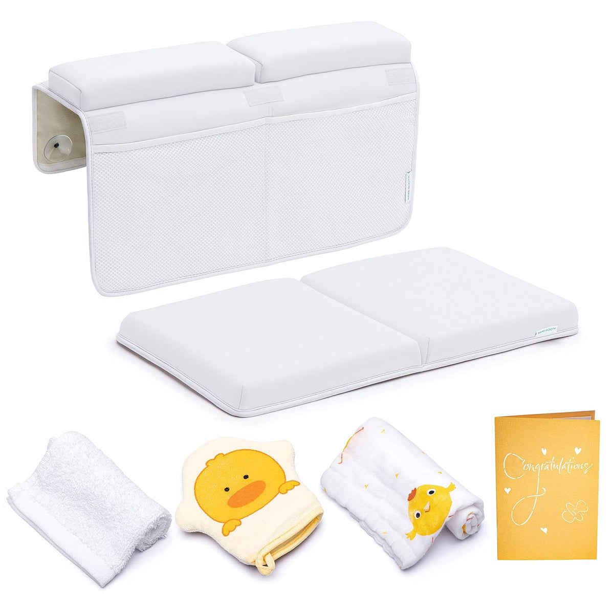 Bath Kneeler with Elbow Rest Pad Set, 1.75 inch Thick Kneeling Pad and Elbow Support for Knee Arm Support, Large Bathtub Kneeling Mat with Toy Organizer for Happy Baby Bathing Time, Beige