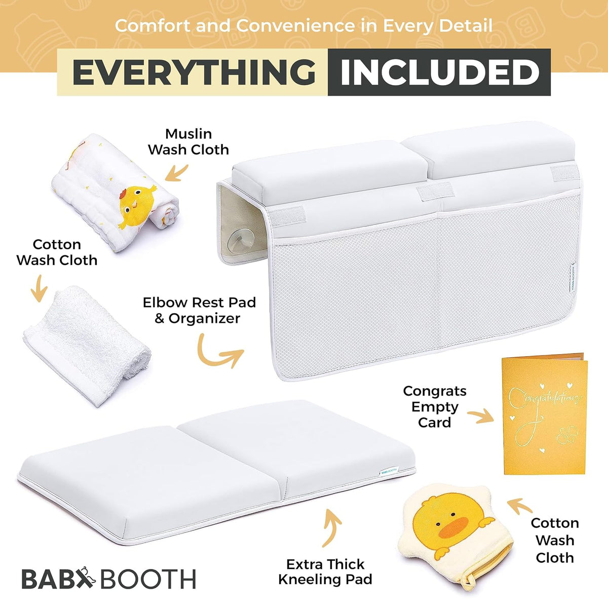 Bath Kneeler with Elbow Rest Pad Set, 1.75 inch Thick Kneeling Pad and Elbow Support for Knee Arm Support, Large Bathtub Kneeling Mat with Toy Organizer for Happy Baby Bathing Time, Beige
