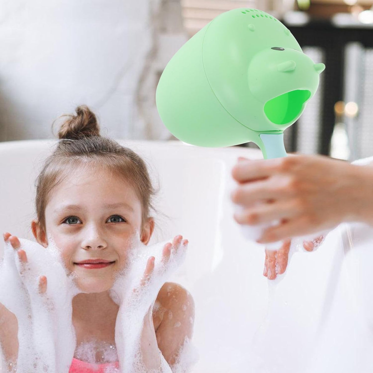 Bath Rinser and Shampoo Rinse Cup for Infants, Hippo Shape, Large Green Water Ladle with Eye Protection, Suitable for Newborns and Shower Bathing