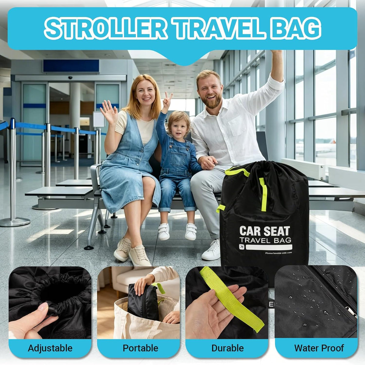 Foldable Car Seat Travel Bag, Zippered with Backpack Straps and Drawstring