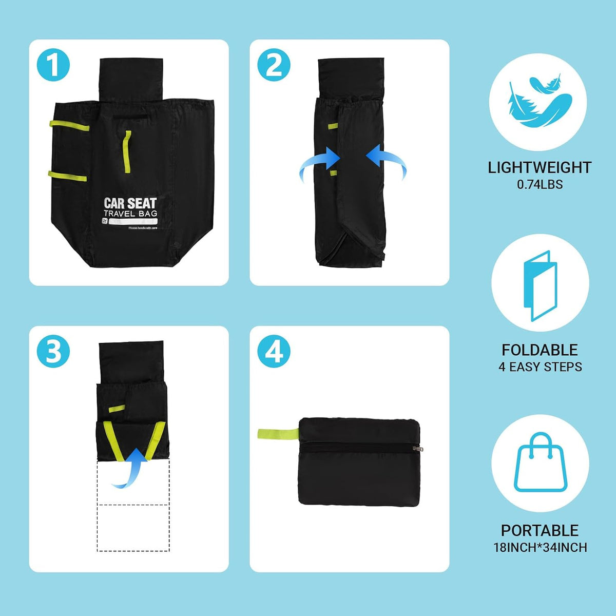 Foldable Car Seat Travel Bag, Zippered with Backpack Straps and Drawstring