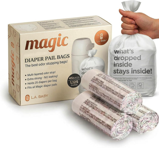 Magic Diaper Bags - Diaper Pail Refill Bags 45 Count - Multi-Layer 100% Odor-Free Disposable Diaper Bag - Holds 1125 Diapers - Extra Strong No Leak