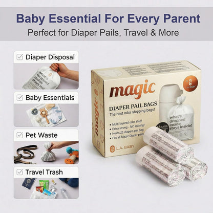 Magic Diaper Bags - Diaper Pail Refill Bags 45 Count - Multi-Layer 100% Odor-Free Disposable Diaper Bag - Holds 1125 Diapers - Extra Strong No Leak
