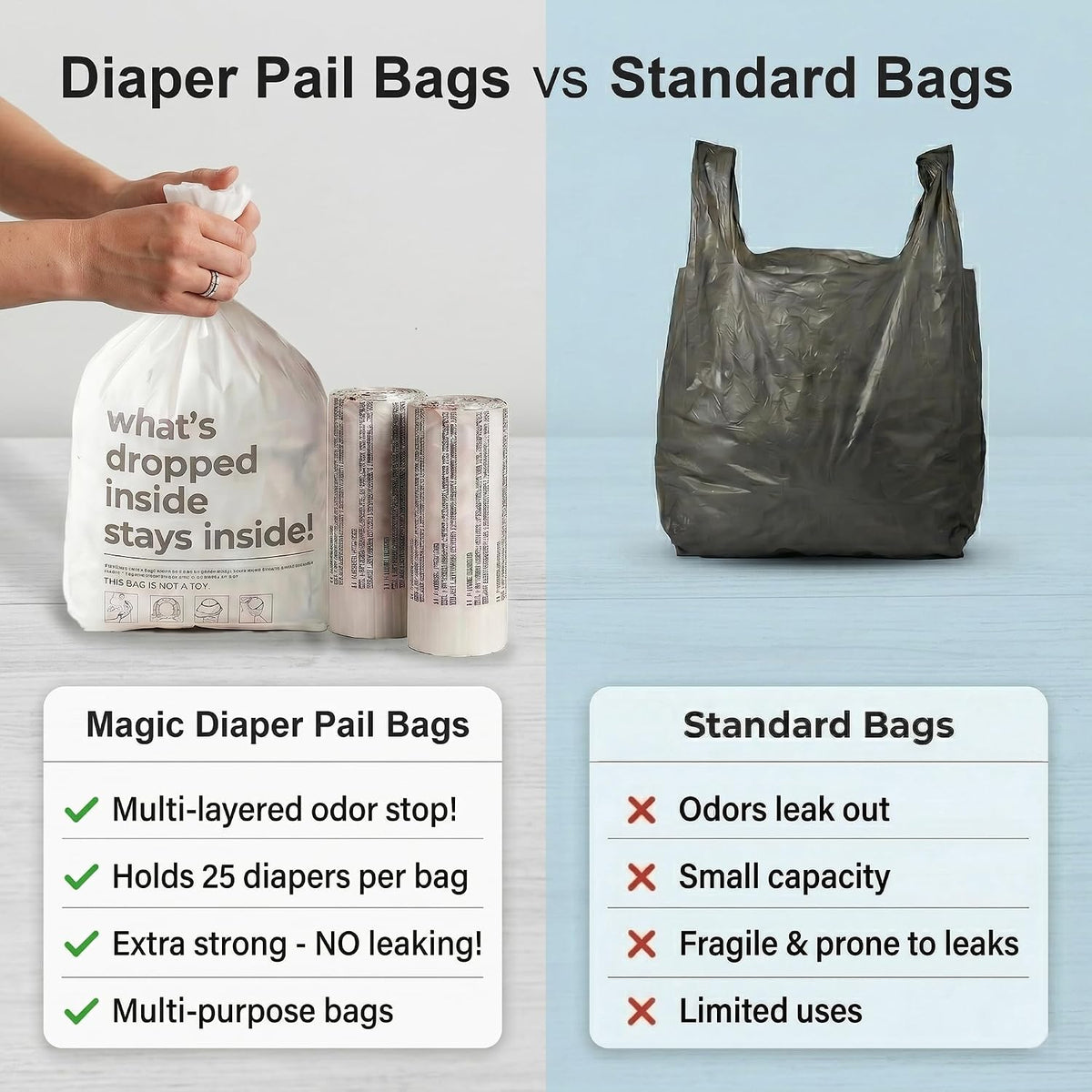 Magic Diaper Bags - Diaper Pail Refill Bags 45 Count - Multi-Layer 100% Odor-Free Disposable Diaper Bag - Holds 1125 Diapers - Extra Strong No Leak
