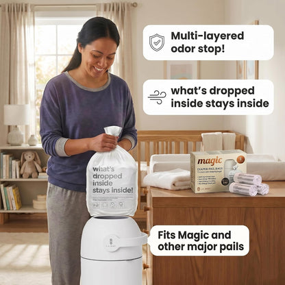 Magic Diaper Bags - Diaper Pail Refill Bags 45 Count - Multi-Layer 100% Odor-Free Disposable Diaper Bag - Holds 1125 Diapers - Extra Strong No Leak