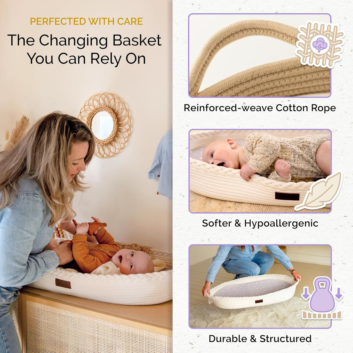 Baby Changing Basket, Portable Diaper Changing Pad, Moses Basket for Newborns, Changing Table Topper for Baby Nursery, Waterproof Travel Pad Cover