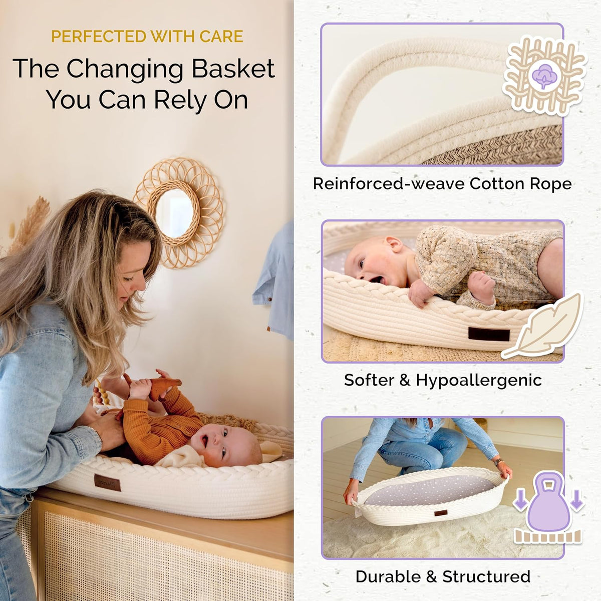 Baby Changing Basket, Portable Diaper Changing Pad, Moses Basket for Newborns, Changing Table Topper for Baby Nursery, Waterproof Travel Pad Cover