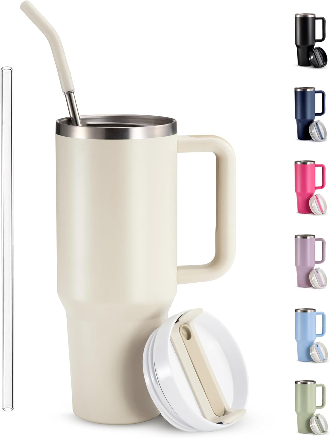Stainless Steel Tumbler, with Straw and Handle, Leakproof, Vacuum Insulated Travel Coffee Mug, Reusable Double Walled Water Bottle, Keeps Hot or Cold, 40 oz, Bubblegum Pink