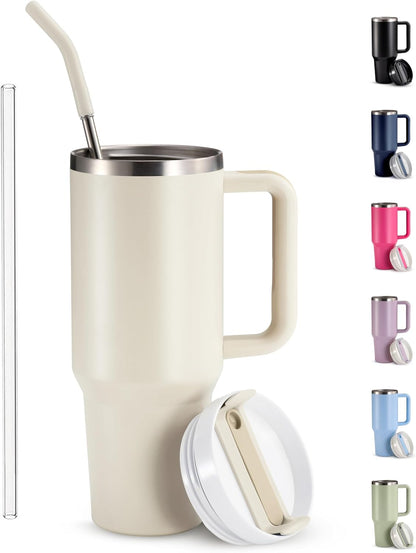 Stainless Steel Tumbler, with Straw and Handle, Leakproof, Vacuum Insulated Travel Coffee Mug, Reusable Double Walled Water Bottle, Keeps Hot or Cold, 40 oz, Bubblegum Pink