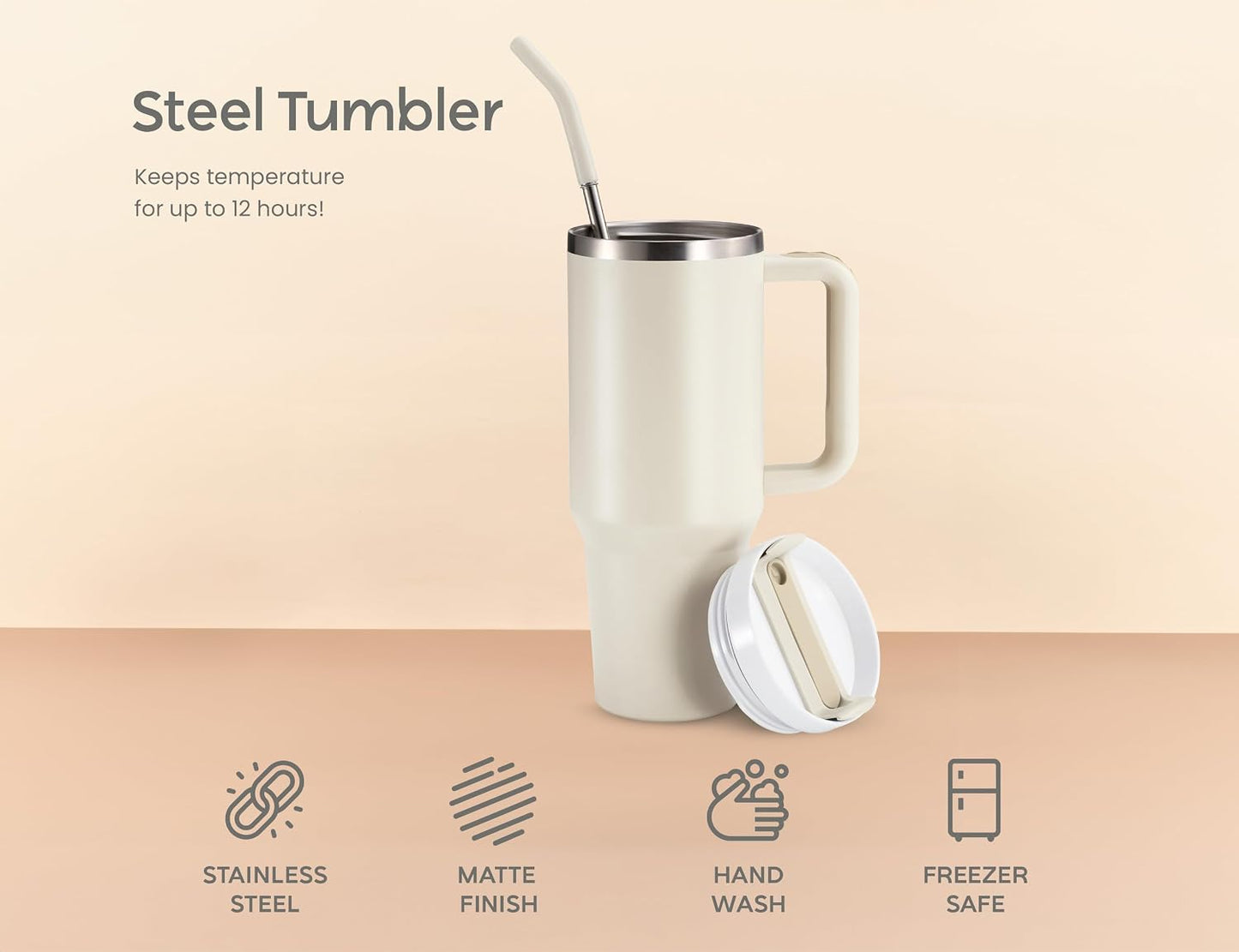 Stainless Steel Tumbler, with Straw and Handle, Leakproof, Vacuum Insulated Travel Coffee Mug, Reusable Double Walled Water Bottle, Keeps Hot or Cold, 40 oz, Bubblegum Pink