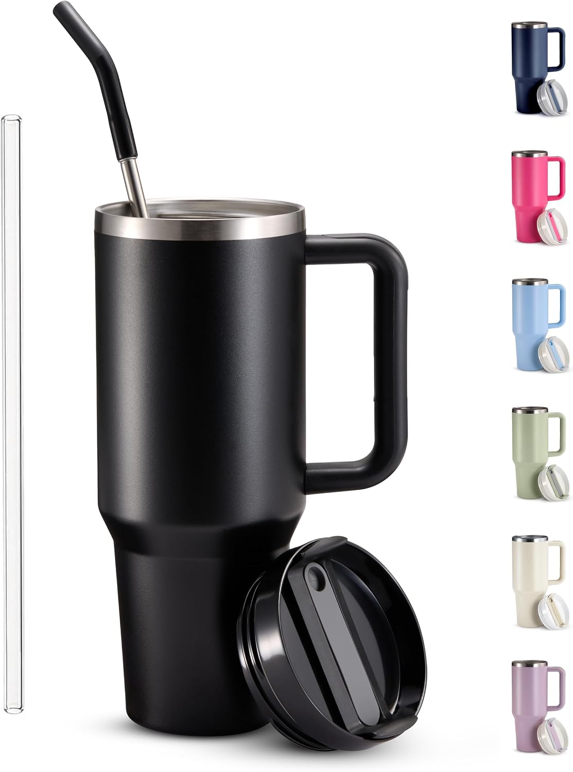 Stainless Steel Tumbler, with Straw and Handle, Leakproof, Vacuum Insulated Travel Coffee Mug, Reusable Double Walled Water Bottle, Keeps Hot or Cold, 40 oz, Bubblegum Pink
