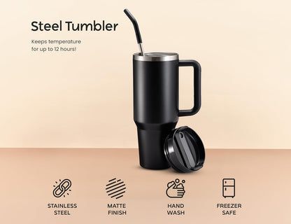 Stainless Steel Tumbler, with Straw and Handle, Leakproof, Vacuum Insulated Travel Coffee Mug, Reusable Double Walled Water Bottle, Keeps Hot or Cold, 40 oz, Bubblegum Pink
