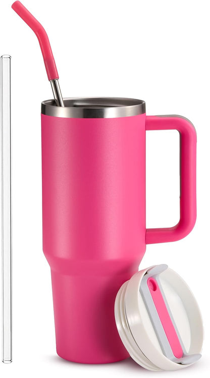Stainless Steel Tumbler, with Straw and Handle, Leakproof, Vacuum Insulated Travel Coffee Mug, Reusable Double Walled Water Bottle, Keeps Hot or Cold, 40 oz, Bubblegum Pink