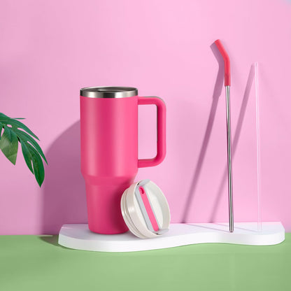 Stainless Steel Tumbler, with Straw and Handle, Leakproof, Vacuum Insulated Travel Coffee Mug, Reusable Double Walled Water Bottle, Keeps Hot or Cold, 40 oz, Bubblegum Pink
