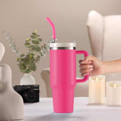 Stainless Steel Tumbler, with Straw and Handle, Leakproof, Vacuum Insulated Travel Coffee Mug, Reusable Double Walled Water Bottle, Keeps Hot or Cold, 40 oz, Bubblegum Pink