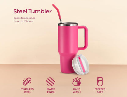 Stainless Steel Tumbler, with Straw and Handle, Leakproof, Vacuum Insulated Travel Coffee Mug, Reusable Double Walled Water Bottle, Keeps Hot or Cold, 40 oz, Bubblegum Pink