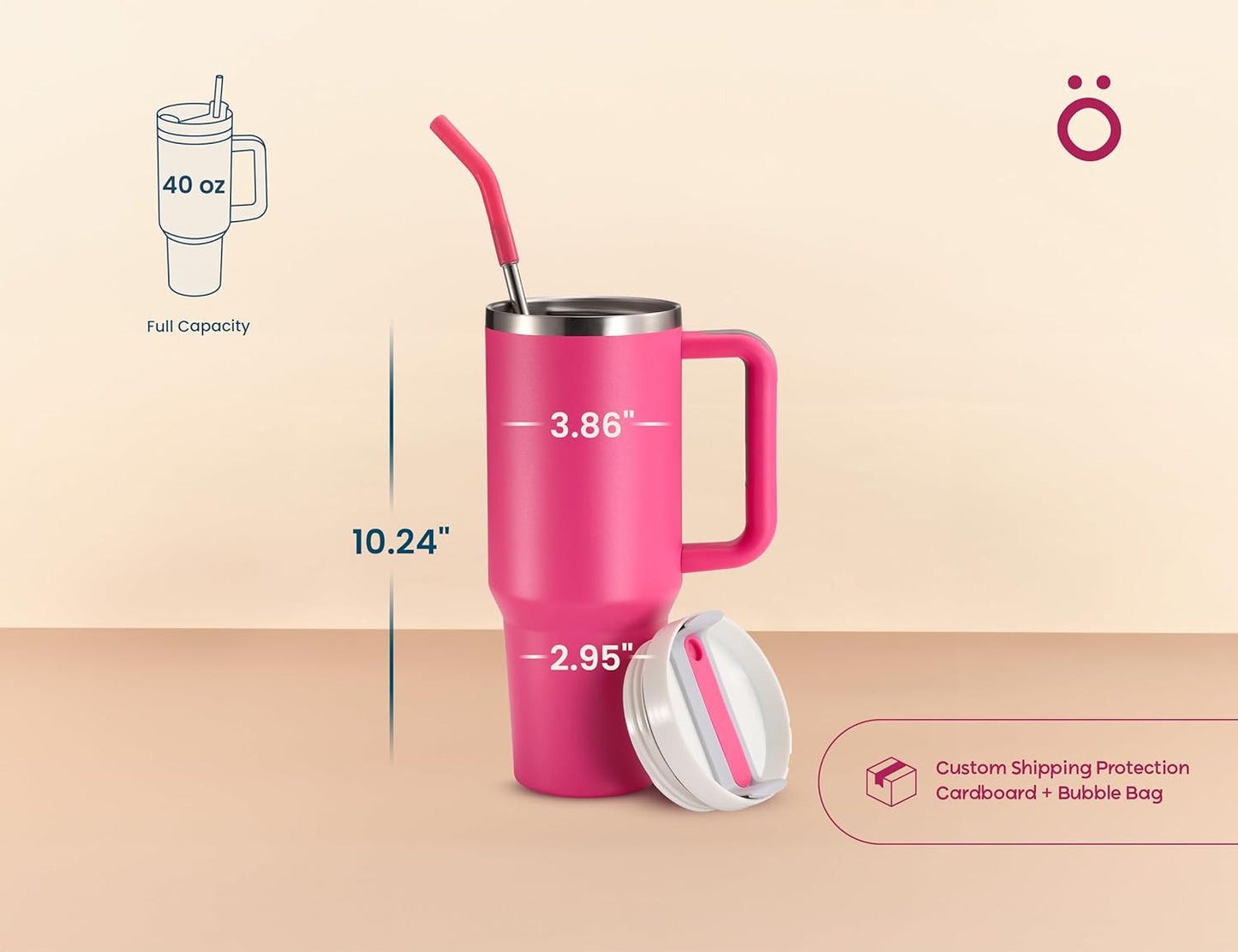 Stainless Steel Tumbler, with Straw and Handle, Leakproof, Vacuum Insulated Travel Coffee Mug, Reusable Double Walled Water Bottle, Keeps Hot or Cold, 40 oz, Bubblegum Pink