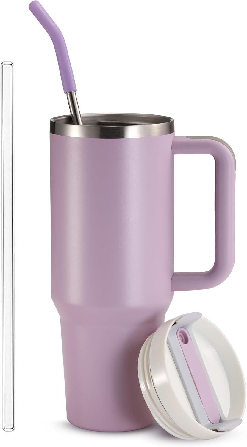 Stainless Steel Tumbler, with Straw and Handle, Leakproof, Vacuum Insulated Travel Coffee Mug, Reusable Double Walled Water Bottle, Keeps Hot or Cold, 40 oz, Bubblegum Pink