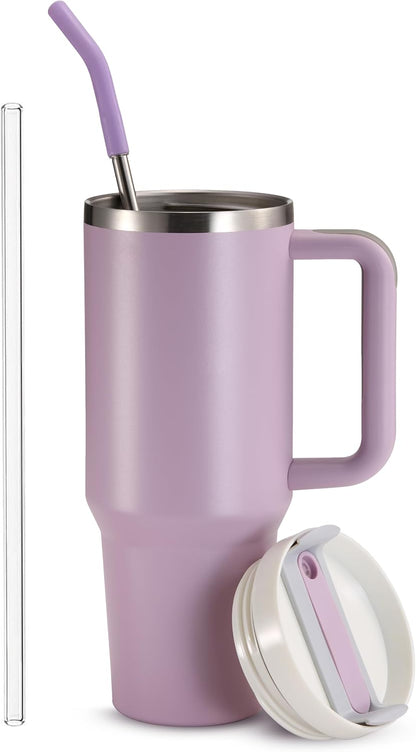 Stainless Steel Tumbler, with Straw and Handle, Leakproof, Vacuum Insulated Travel Coffee Mug, Reusable Double Walled Water Bottle, Keeps Hot or Cold, 40 oz, Bubblegum Pink