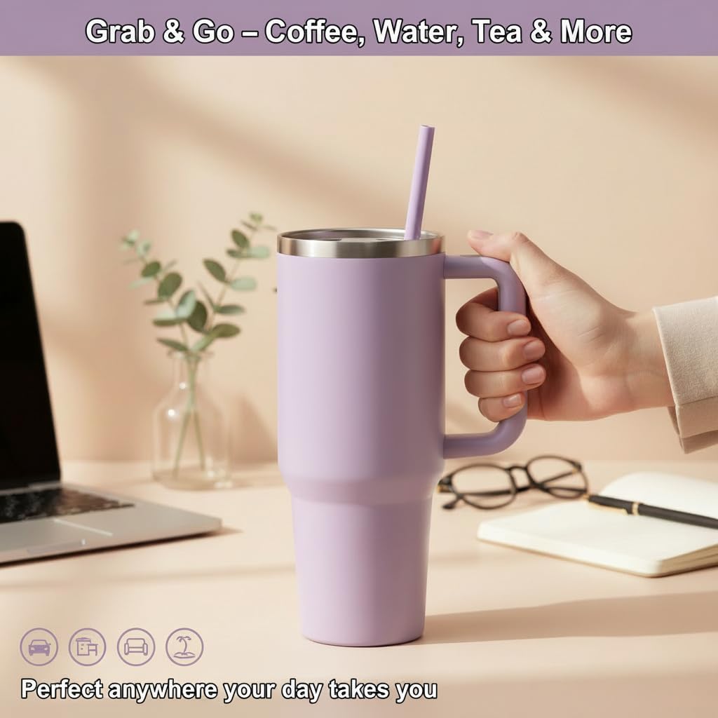 Stainless Steel Tumbler, with Straw and Handle, Leakproof, Vacuum Insulated Travel Coffee Mug, Reusable Double Walled Water Bottle, Keeps Hot or Cold, 40 oz, Bubblegum Pink