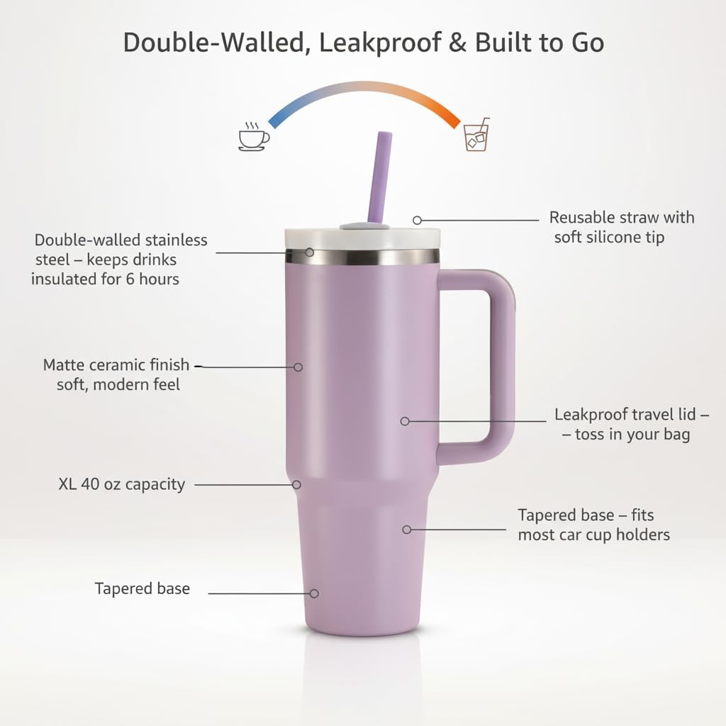 Stainless Steel Tumbler, with Straw and Handle, Leakproof, Vacuum Insulated Travel Coffee Mug, Reusable Double Walled Water Bottle, Keeps Hot or Cold, 40 oz, Bubblegum Pink