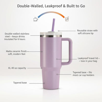 Stainless Steel Tumbler, with Straw and Handle, Leakproof, Vacuum Insulated Travel Coffee Mug, Reusable Double Walled Water Bottle, Keeps Hot or Cold, 40 oz, Bubblegum Pink