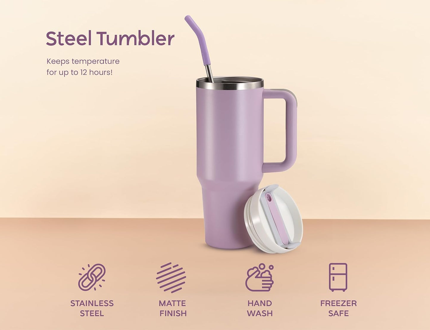 Stainless Steel Tumbler, with Straw and Handle, Leakproof, Vacuum Insulated Travel Coffee Mug, Reusable Double Walled Water Bottle, Keeps Hot or Cold, 40 oz, Bubblegum Pink