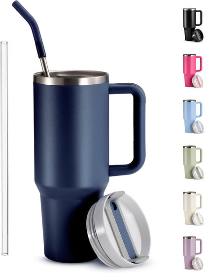 Stainless Steel Tumbler, with Straw and Handle, Leakproof, Vacuum Insulated Travel Coffee Mug, Reusable Double Walled Water Bottle, Keeps Hot or Cold, 40 oz, Bubblegum Pink