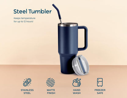 Stainless Steel Tumbler, with Straw and Handle, Leakproof, Vacuum Insulated Travel Coffee Mug, Reusable Double Walled Water Bottle, Keeps Hot or Cold, 40 oz, Bubblegum Pink