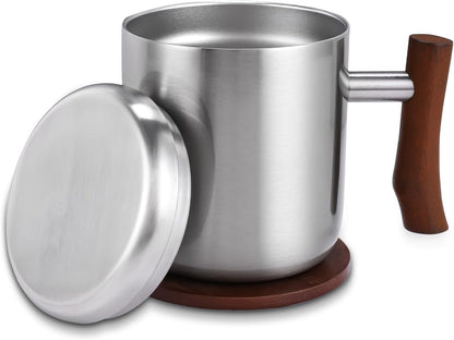 14oz Stainless Steel Insulated Coffee Mug with Wooden Handle & Coaster Set – Double Wall Thermal Cup for Coffee, Tea, Hot & Cold Drinks, Perfect for Home, Office and Travel (14oz-Silver)