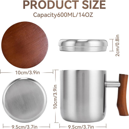 14oz Stainless Steel Insulated Coffee Mug with Wooden Handle & Coaster Set – Double Wall Thermal Cup for Coffee, Tea, Hot & Cold Drinks, Perfect for Home, Office and Travel (14oz-Silver)