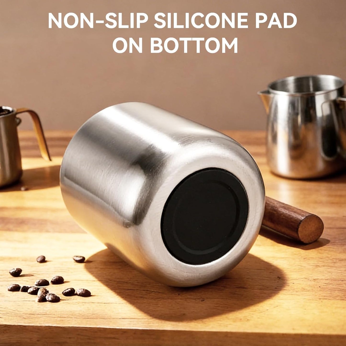 14oz Stainless Steel Insulated Coffee Mug with Wooden Handle & Coaster Set – Double Wall Thermal Cup for Coffee, Tea, Hot & Cold Drinks, Perfect for Home, Office and Travel (14oz-Silver)