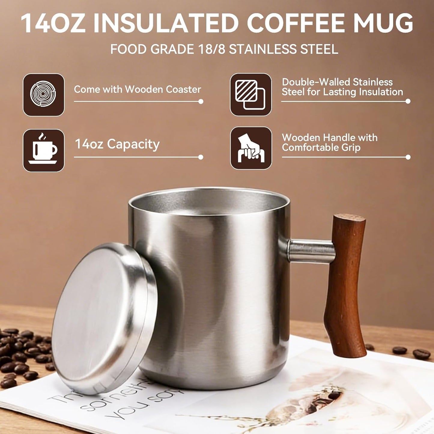 14oz Stainless Steel Insulated Coffee Mug with Wooden Handle & Coaster Set – Double Wall Thermal Cup for Coffee, Tea, Hot & Cold Drinks, Perfect for Home, Office and Travel (14oz-Silver)