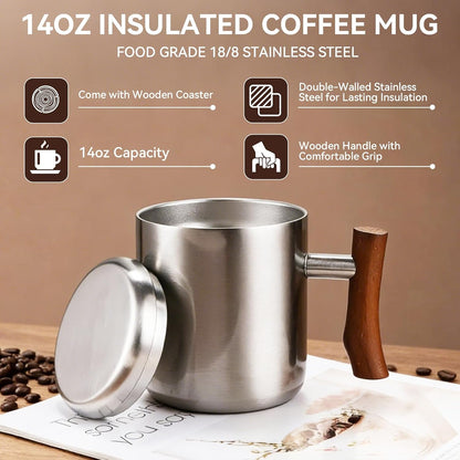14oz Stainless Steel Insulated Coffee Mug with Wooden Handle & Coaster Set – Double Wall Thermal Cup for Coffee, Tea, Hot & Cold Drinks, Perfect for Home, Office and Travel (14oz-Silver)